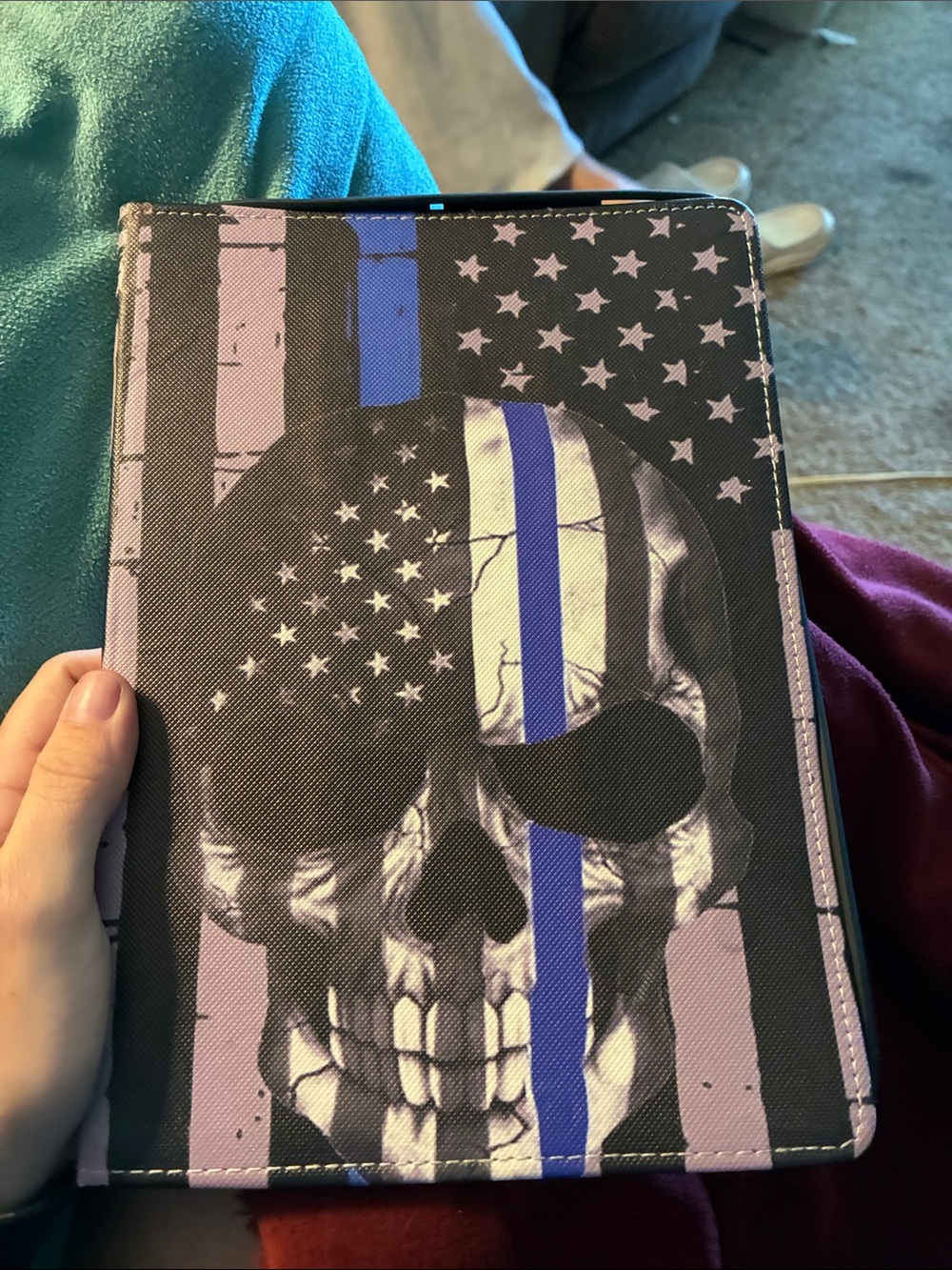 Skull American Flag Thin Blue Line Tablet Sleeve - Black & Blue
